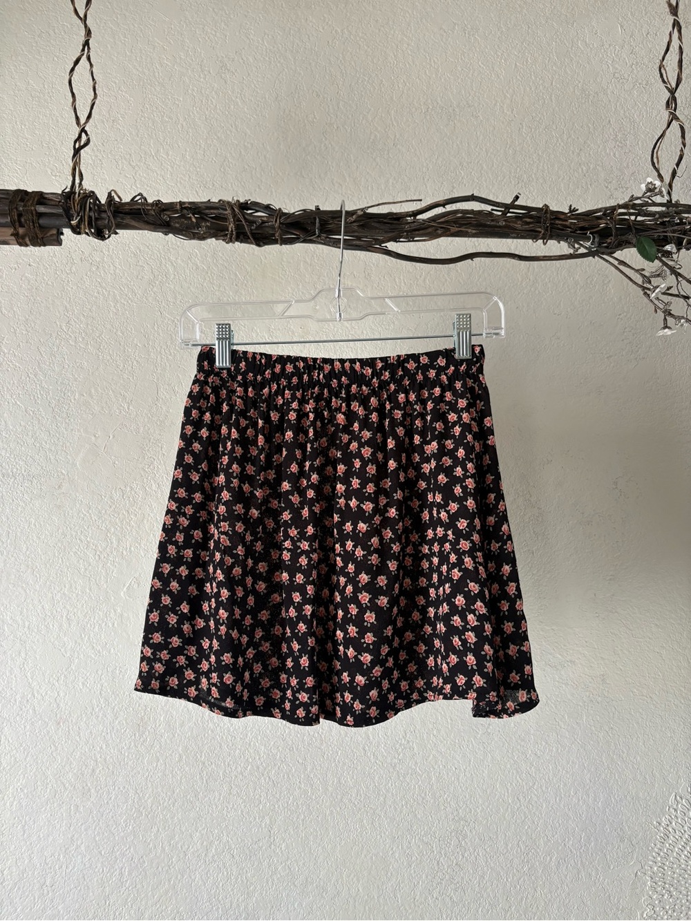 Brandy Melville Black Skater Skirt with Pink Floral Print